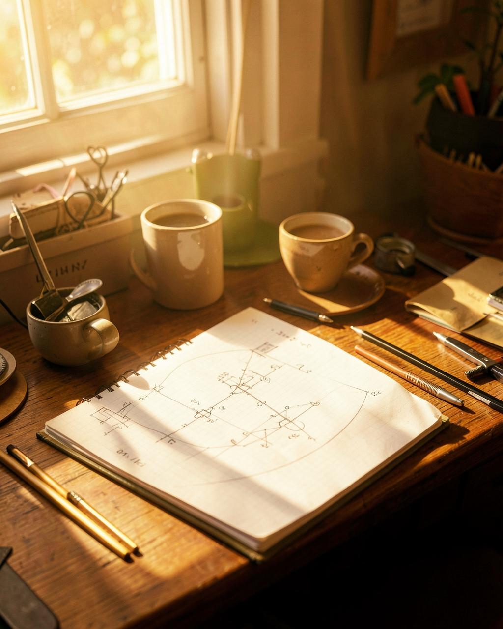 A sunlit desk with notebooks, coffee and design tools